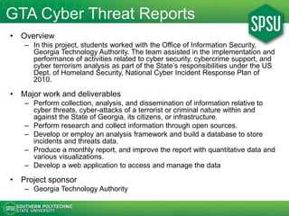 GTA Cyber Threat Reports
• Overview
– In this project, students worked with the Office of Information Security,
Georgia Te...