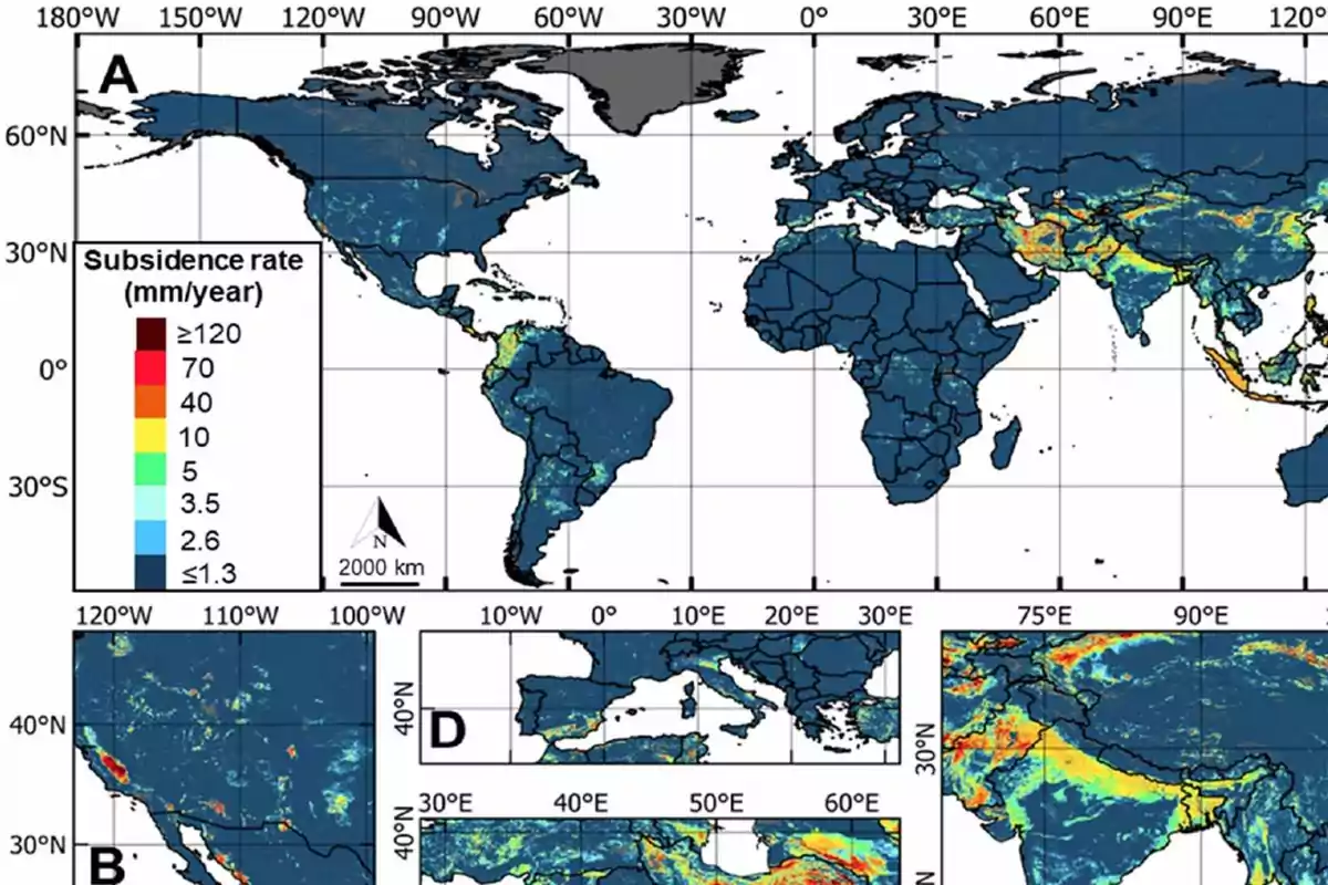 World map showing land subsidence rates in different regions using a color scale, where darker shades indicate lower subsidence and red tones indicate areas with the highest annual subsidence.